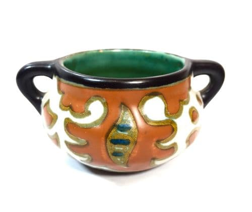 Antique Gouda Pottery Art Deco Dutch Vase / Bowl / Green / Brown / Orange